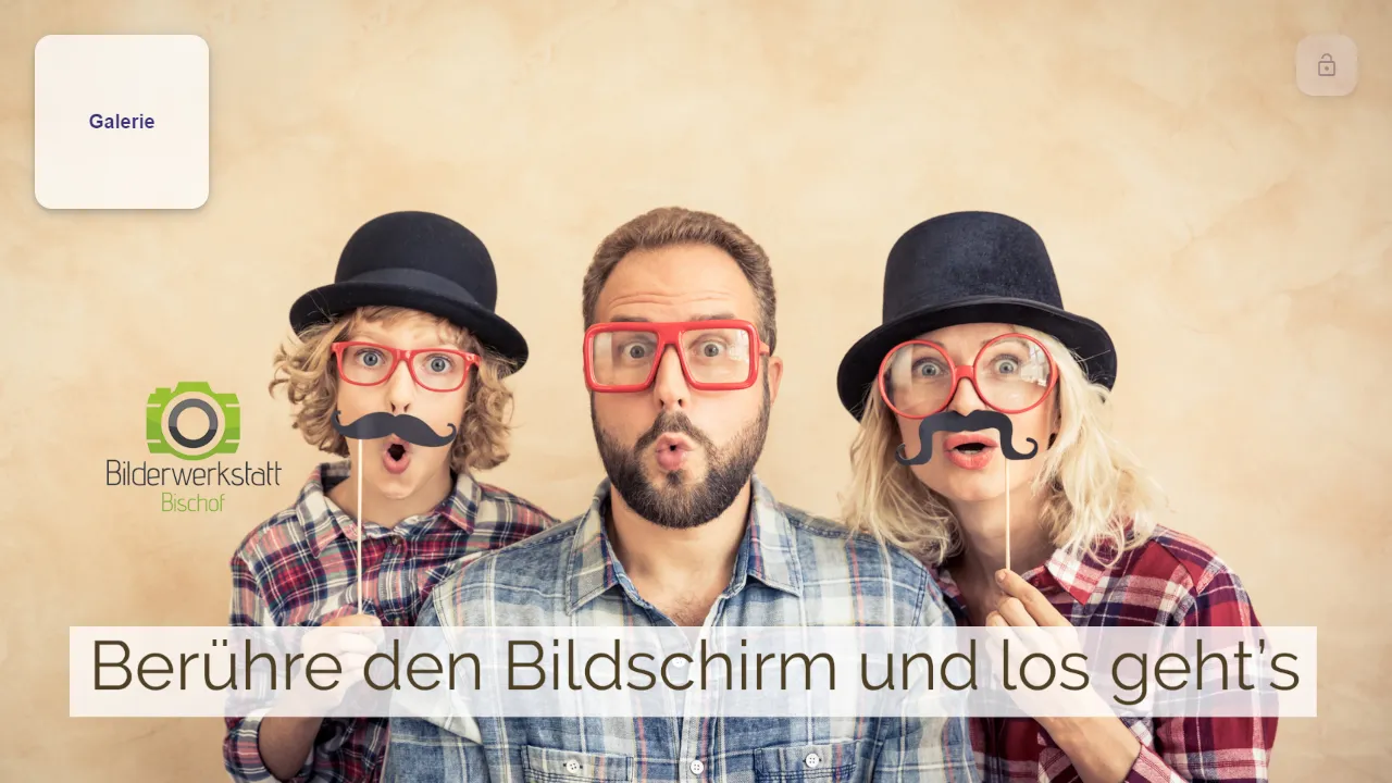 Startbildschirm der individuell entwickelten Fotobox-Software für die Bilderwerkstatt Bischof